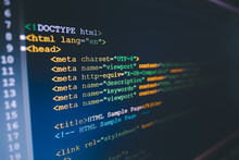 HTML Code On Computer Monitor. Software / Web Developer Programming Code