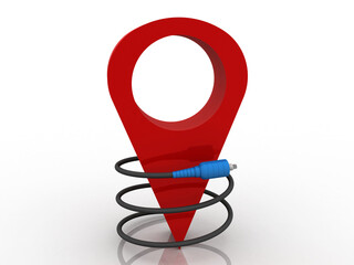 Fototapete - 3d rendering Red map pointer connected aux cable