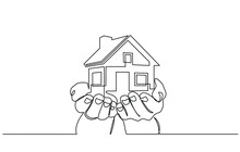 Continuous One Line Drawing Of A Hands Holding A Miniature House. Hand-carried Small House Miniature, Perfect For Real Estate Home Sales Marketing In Doodle Style