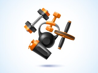 Realistic fitness composition. 3d sport objects, flying elements, workout gym tools, shaker, kettlebell and dumbbell, gym accessories, training yoga equipment, utter vector isolated concept