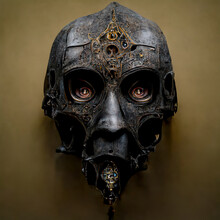 Concept Of An Ancient Dark Wood Mask With Intricate Carved Details