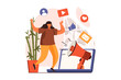 © alexdndz - Social media marketing web concept in flat design. Woman using laptop, browsing digital content and follows advertising megaphone. Advertising and promotion. Illustration with people scene