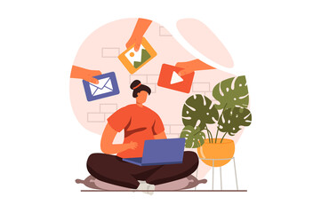 Poster - Social media marketing web concept in flat design. Woman browsing from laptop and receives promo emails, viral videos and pictures. Advertising and promotion. Illustration with people scene