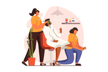 Poster - Spa salon web concept in flat design. Professional cosmetologist makes facial mask and beauty skin care procedure, masseuse making massage foots of female client. Illustration with people scene