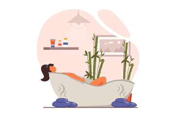 Poster - Spa salon web concept in flat design. Woman lies in bath and receives skin care procedure, relaxing and enjoys aromatherapy. Cosmetology and hygiene procedure. Illustration with people scene