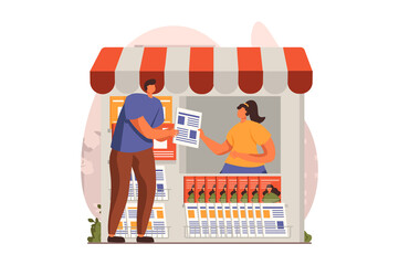 Poster - street shops web concept in flat design. man buys new newspaper in street newsstand. woman sells lat