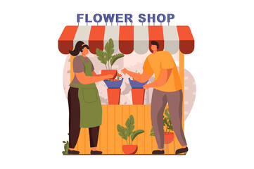 Poster - Street shops web concept in flat design. Man buys houseplant in street flower shop. Woman florist sells plants and blooming flowers bouquets in showcase kiosk. Illustration with people scene