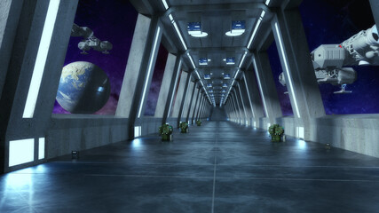 Wall Mural - 3d render. Futuristic corridor interior design