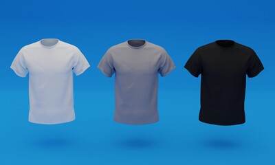 3d illustration, three t-shirts of different colors, 3d rendering