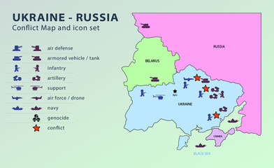  Ukraine Russia conflict map and icon set - vector