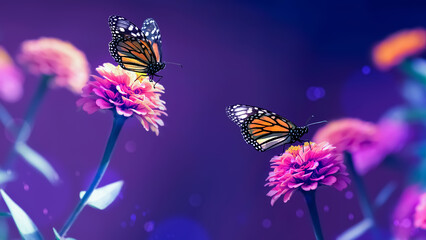 Wall Mural - Monarch orange butterflies and pink summer flowers in a fairy garden.