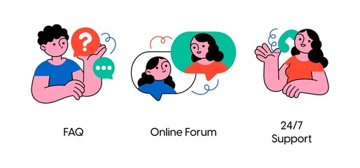 Poster - Website menu bar abstract concept vector illustration set. FAQ, Online forum, Support. Visual stories collection