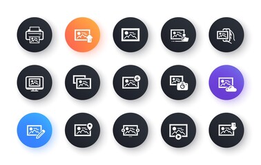 Poster - photo icons. print image, photo camera, upload picture icons. edit image, play presentation and phot