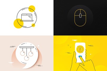 Poster - Minimal set of Computer mouse, Ceiling lamp and Laptop line icons. Phone screen, Quote banners. Info icons. For web development. Pc equipment, Chandelier light, Computer. Information. Vector