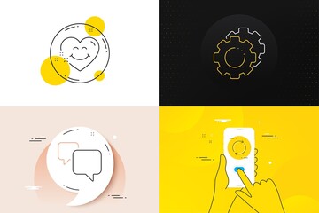 Aufkleber - Minimal set of Speech bubble, Full rotation and Smile face line icons. Phone screen, Quote banners. Settings gears icons. For web development. Chat message, Refresh or reload, Love heart. Vector