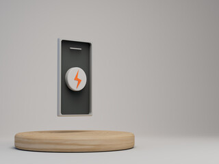 Poster - a small gray smartphone with a yellow lightning bolt icon in the middle of the screen on a wooden round stand on a gray background with a place for a signature. 3d illustration. 3d render