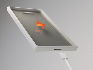 Poster - smartphone with a charging icon in the form of a yellow lightning bolt with a white wire usb on a gray background. fast charging concept. 3d illustration. 3d render