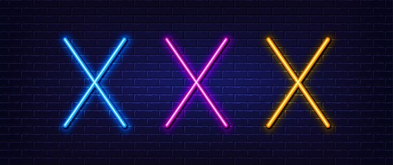 Wall Mural - Initial letter X icon. Neon light line effect. Line typography character sign. Large first font letter. Glowing neon light element. Letter X glow 3d line. Brick wall banner. Vector