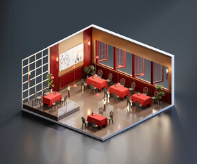 Poster - Isometric view chinese restaurant open inside interior architecture, 3d rendering.