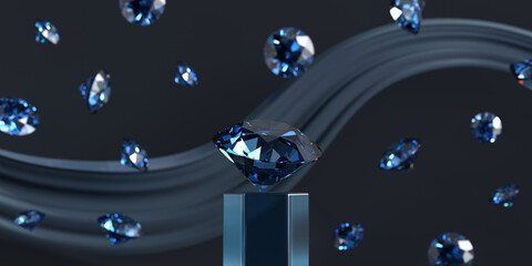 Poster - Group of Blue diamond sapphire placed on glossy background main object focus 3d rendering