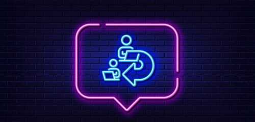 Neon light speech bubble. Delegate work line icon. Teamwork share sign. Remote office symbol. Neon light background. Delegate work glow line. Brick wall banner. Vector