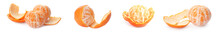 Set With Tasty Ripe Tangerines On White Background. Banner Design