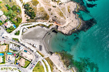 Playa De Cala Mosca Seaside, Aerial Shot. Spain