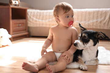 Canvas Print - Adorable baby with pacifier and cute dog on faux fur rug at home, space for text