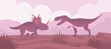 Styracosaurus Vs Tyrannosaurus Rex. Lizard Fight. Ceratops With Dangerous Horns. Dinosaur Of The Jurassic Period. Science Paleontology. Vector Cartoon Illustration Of Prehistoric Nature Background