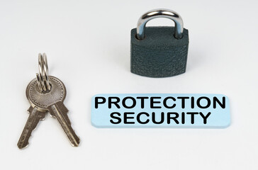Poster - On a white surface there is a lock, keys and a blue sign with the inscription - Protection security