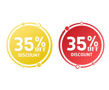 35% Off, Circle Discount Tag Icon Collection. Set Of Red And Yellow Sale Labels. Vector Illustration, Thirty-five