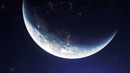 Poster - View of the Milky Way. Motion.A large blue-tinged planet Earth rotating around its axis in animation.