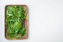 Arugula Raab And Mangold, Swiss Chard Set, On White Stone  Background, Top View Flat Lay, With Copy Space For Text