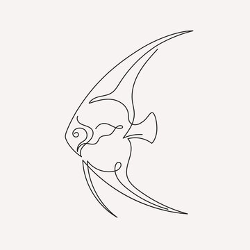 Continuous one line drawing of angelfish fish. Linear image of a sea animal. Black and white vector illustration on a light isolated background.