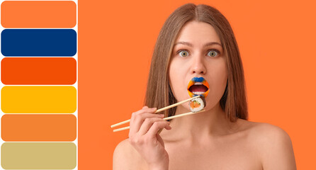 Poster - Beautiful young woman with creative makeup and tasty sushi roll on orange background. Different color patterns