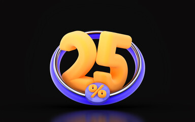 25 percent discount in ring circle on dark background 3d render concept for big shopping offer