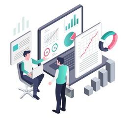 Aufkleber - Isometric illustration concept of two men working together on business