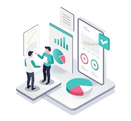 Poster - Isometric illustration concept of two men analyzing company business data