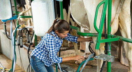 Confident young female farmer controlling process of automatic milking of cows in cowshed