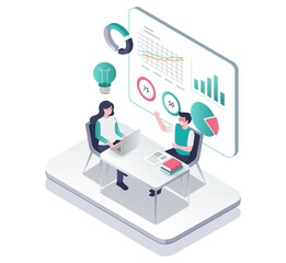 Aufkleber - Isometric illustration concept of a couple analyzing business company data