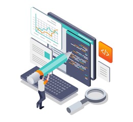 Aufkleber - Creative male isometric illustration concept writing programming language on monitor