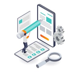 Poster - Concept of isometric illustration of creative man writing on smartphone