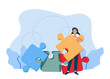 Vector cartoon illustration of big oversized jigsaw puzzle piece in hand of woman