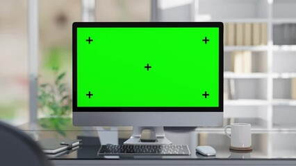 Wall Mural - Computer MockUp on work desk in office Designed in minimal. Selective focus on  screen. can be used in education and business. Green screen for banner and logo. Animation, 3D Render.