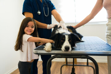 Wall Mural - Cute young girl with her sick dog at the veterinary clinic