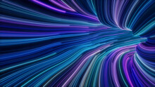 Wavy Neon Tunnel With Lilac, Turquoise And Blue Streaks. 3D Render.