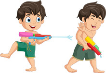 Two Cute Kids Cartoon Playing Water Gun