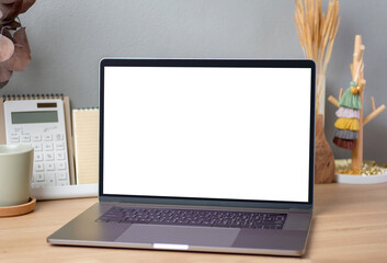 Aufkleber - Blank screen laptop on working desk decor with stationery at home