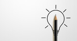 Black colour pencil with outline light bulb and word idea on white paper background. Creativity inspiration ideas concept