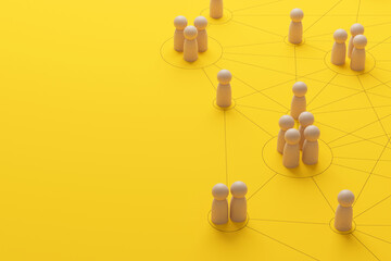 Wall Mural - Human resource management and recruitment business. Social network connection. Group society communication. Wooden people with struture on yellow background. 3d rendering